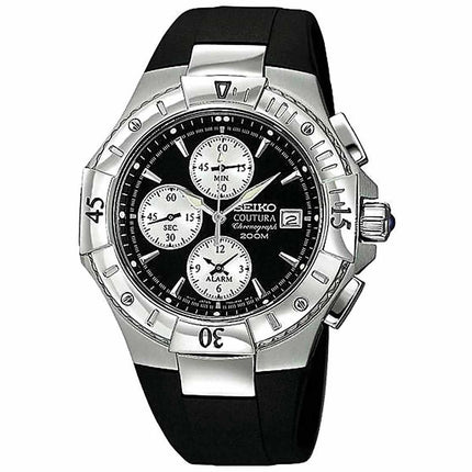 Seiko SNA459 Men's Coutura Black Dial Black Rubber Strap Chronograph Alarm Watch ,