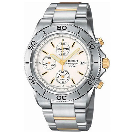 Seiko SNA547 Men's White Dial Two Tone Steel Chronograph Alarm Watch ,