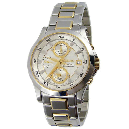 Seiko SNA586 Men's Premier White Dial Two Tone Steel Chronograph Alarm Watch ,