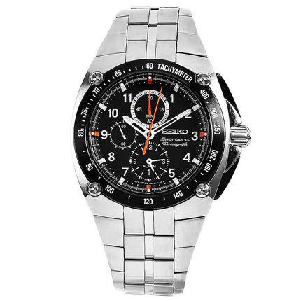 Seiko SNAD23 Men's Sportura Chronograph Alarm Black Dial Steel Bracelet Watch ,
