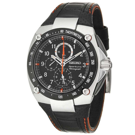 Seiko SNAD59 Men's Sportura Chronograph Alarm Black Dial Black Leather Strap Watch ,
