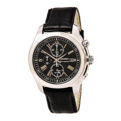 Seiko SNAE31P2 Men's Black Dial Black Leather Strap Chronograph Alarm Watch