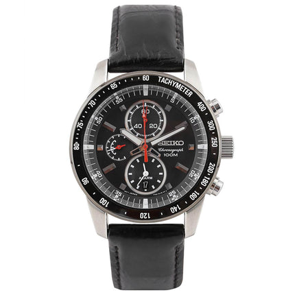 Seiko SNAE35P1 Men's Black Leather Strap Black Dial Chronograph Alarm Watch ,