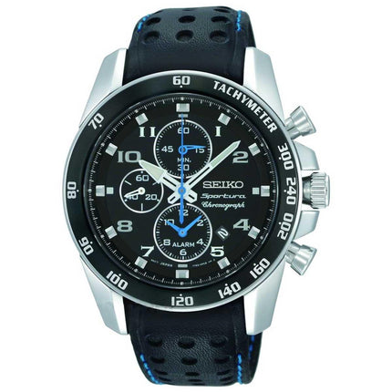 Seiko SNAE79P1 Men's Sportura Black Dial Black Leather Strap Chronograph Alarm Watch ,