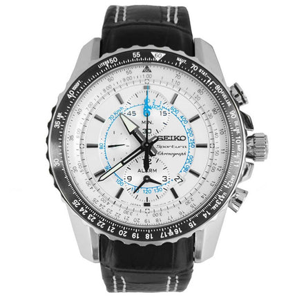 Seiko SNAF01P1 Men's Sportura White Dial Black Leather Strap Chronograph Alarm Watch ,