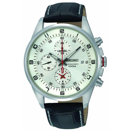 Seiko SNDC87P2 Men's White Dial Black Leather Strap Chronograph Watch ,