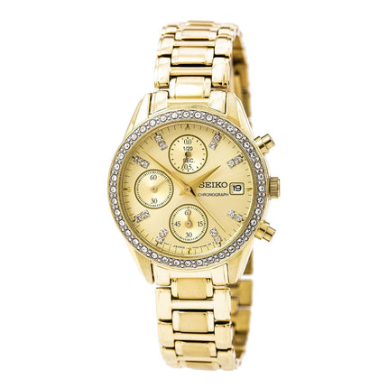Seiko SNDX76 Women's Crystal Accented Bezel Gold Dial Gold Plated Steel Bracelet Chronograph Watch ,