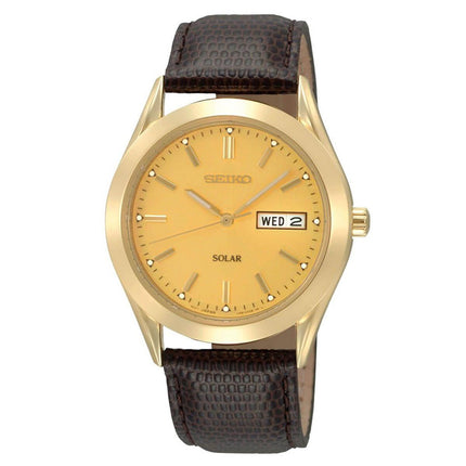 Seiko SNE052 Men's Solar Champagne Dial Brown Leather Strap Watch ,