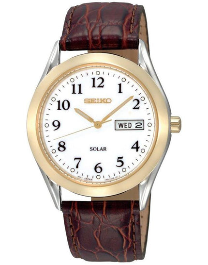 Seiko SNE056 Men's White Dial Brown Strap Solar Powered Watch ,