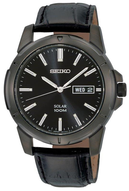 Seiko SNE097 Men's Black IP Plated Leather Band Solar Powered Watch ,