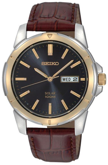 Seiko SNE102 Men's Quartz Two Tone Blue Dial Brown Leather Strap Watch ,
