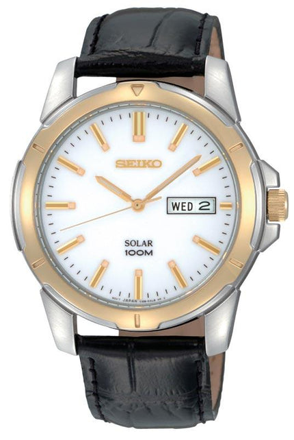 Seiko SNE104 Men's White Dial Leather Strap Solar Powered Watch ,