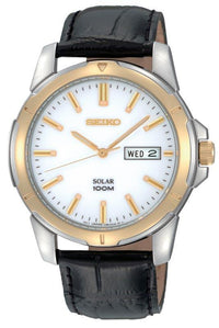 Seiko SNE104 Men's White Dial Leather Strap Solar Powered Watch ,