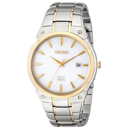 Seiko SNE324 Men's Core Solar White Dial Two Tone Yellow Gold Steel Power Reserve Watch ,