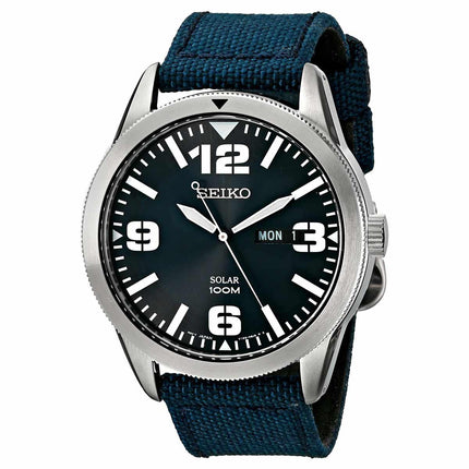 Seiko SNE329 Men's Core Solar Blue Dial Blue Nylon & Leather Strap Power Reserve Watch ,