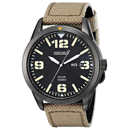 Seiko SNE331 Men's Core Solar Black Dial Beige Nylon Strap Power Reserve Watch ,