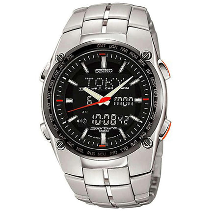 Seiko SNJ005 Men's Sportura GMT Ana-Digi Black Dial Steel Bracelet Chronograph Alarm Watch ,