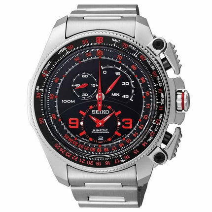 Seiko SNL067 Men's Kinetic Super Black Dial Steel Bracelet Chronograph Watch ,