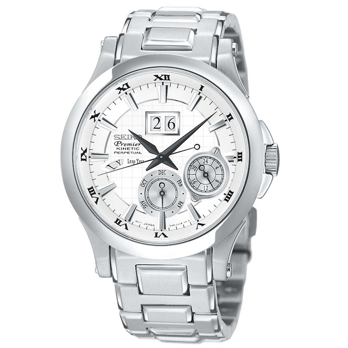 Seiko SNP001 Men's Premier Kinetic Perpetual Calendar Silver Dial Stee