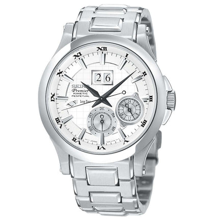 Seiko SNP001 Men's Premier Kinetic Perpetual Calendar Silver Dial Steel Bracelet Watch ,