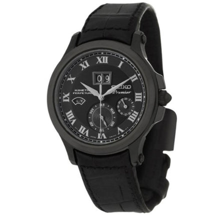 Seiko SNP045 Men's Premier Black Dial Black Leather Strap Kinetic Watch ,