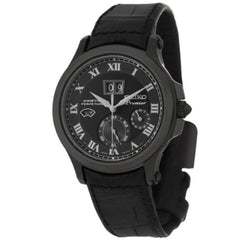 Seiko SNP045 Men's Premier Black Dial Black Leather Strap Kinetic Watch