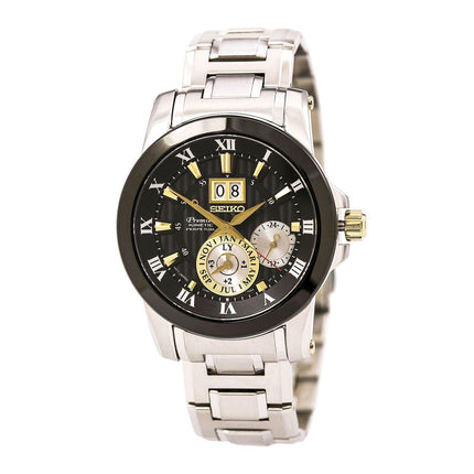 Seiko SNP129 Men's Premier Black Dial Stainless Steel Bracelet Power Reserve Kinetic Watch ,