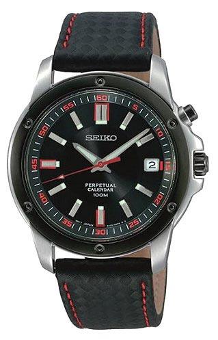 Seiko SNQ097 Men's Black Leather Strap Perpetual Calendar Watch ,