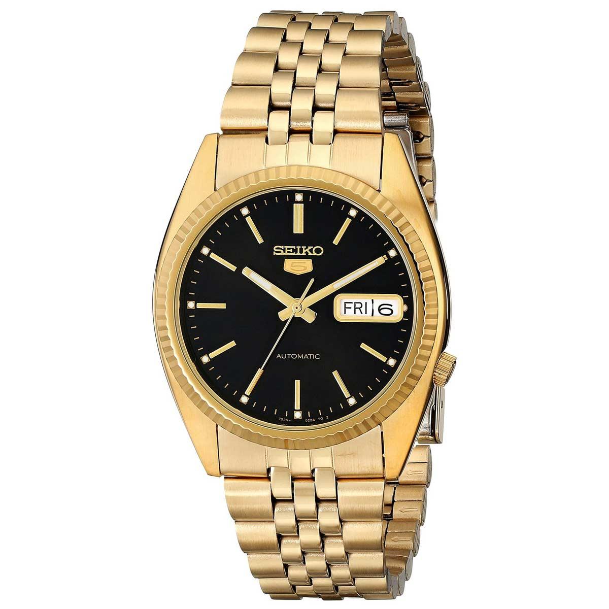Seiko SNXZ16 Men's 5 Automatic Black Dial Yellow Gold Plated Steel