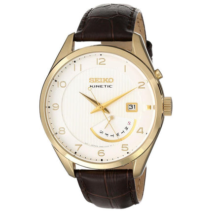 Seiko SRN052 Men's Core White Dial Brown Leather Strap Power Reserve Kinetic Watch ,