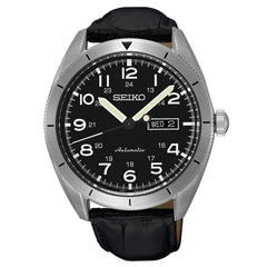 Seiko SRP715 Men's Core Black Dial Black Leather Strap Power Reserve Automatic Watch