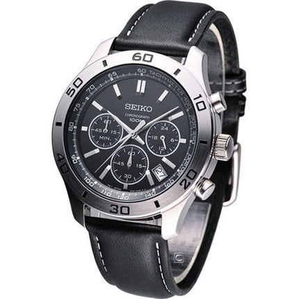 Seiko SSB049P2 Men's Black Dial Chronograph Black Leather Strap Dual Time Watch ,