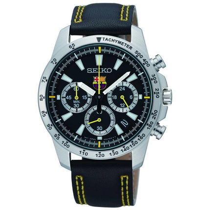 Seiko SSB073P2 Men's FC Barcelona Black Dial Black Leather Strap Chronograph Watch ,