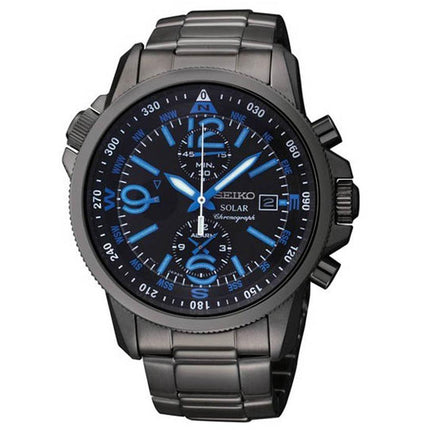Seiko SSC079 Men's Solar Chronograph Black Dial Black IP Steel Compass Alarm Watch ,