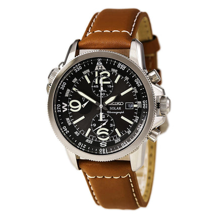 Seiko SSC081 Men's Solar Chronograph Black Dial Brown Leather Band Compass Alarm Watch ,