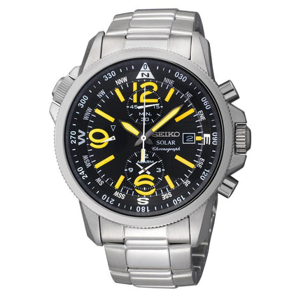 Seiko SSC093 Men's Solar Chronograph Black Dial Stainless Steel Compass Alarm Watch ,