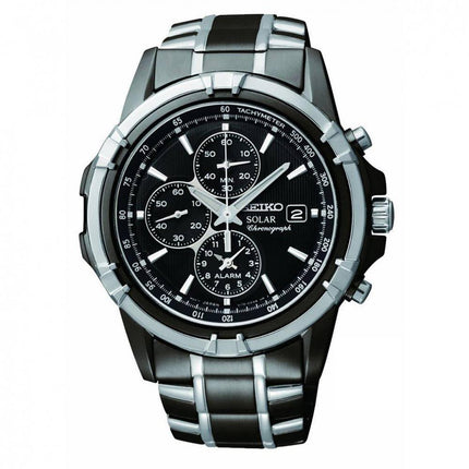 Seiko SSC143 Men's Solar Black Dial Two Tone Black IP Steel Chronograph Alarm Watch ,