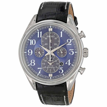 Seiko SSC209 Men's Solar Blue Dial Black Leather Strap Chronograph Alarm Watch ,