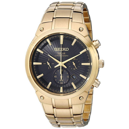 Seiko SSC320 Men's Core Solar Chronograph Black Textured Dial Yellow Gold Steel Bracelet Watch ,