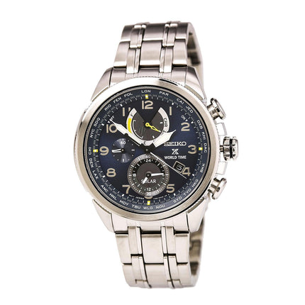 Seiko SSC507 Men's Prospex Solar World Time Blue Dial Steel Bracelet Chronograph Alarm Watch ,