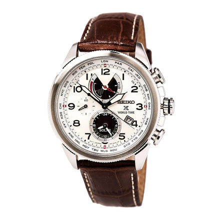 Seiko SSC509 Men's Prospex Solar World Time Beige Dial Brown Leather Strap Chronograph Alarm Watch ,