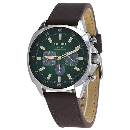 Seiko SSC513 Men's Recraft Solar Green Dial Brown Leather Strap Chronograph Power Reserve Watch ,