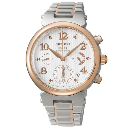 Seiko SSC862 Women's Core Solar White Textured Dial Two Tone Steel Chronograph Watch ,