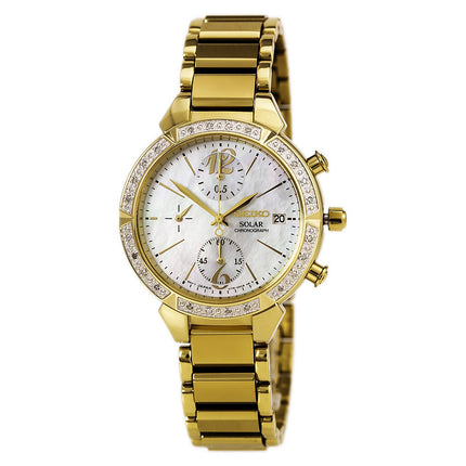 Seiko SSC864 Women's Core Solar Chronograph MOP Dial Yellow Gold Steel Diamond Watch ,