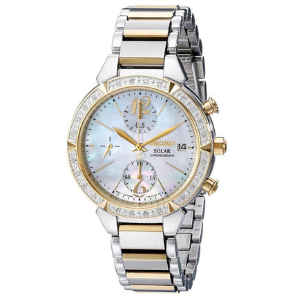 Seiko SSC866 Women's Core Solar Chronograph MOP Dial Two Tone Steel Diamond Watch ,