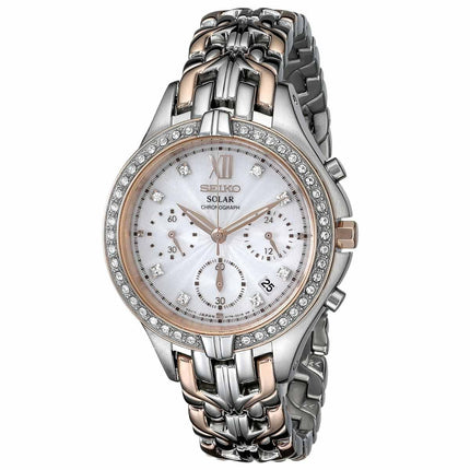 Seiko SSC874 Women's Solar Core Silver Dial Two Tone Steel Chrono Crystals Watch ,