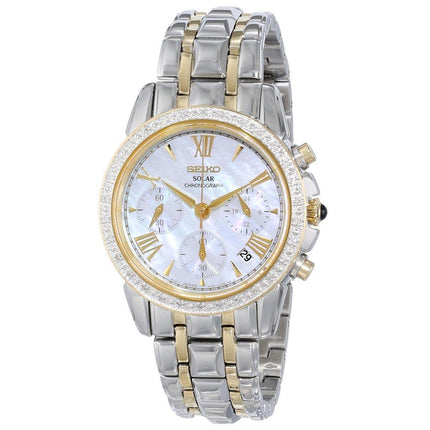 Seiko SSC892 Women's Le Grand Sport Solar Chronograph MOP Dial Two Tone Steel Diamond Watch ,