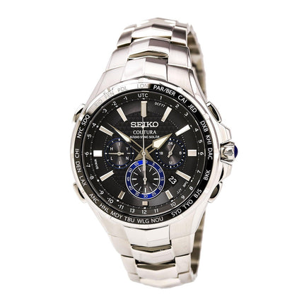 Seiko SSG009 Men's Coutura Radio Sync Solar Black Dial Steel Bracelet Chronograph World time Watch ,