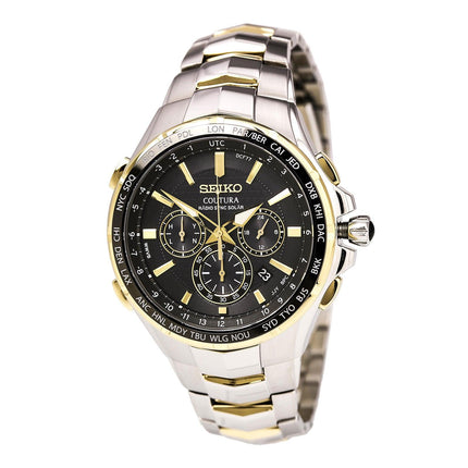 Seiko SSG010 Men's Coutura Radio Sync Solar Black Dial Two Tone Steel Chronograph World time Watch ,
