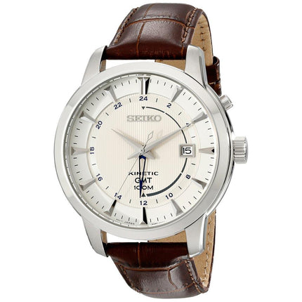 Seiko SUN041 Men's Core White Dial Brown Leather Strap GMT Kinetic Watch ,
